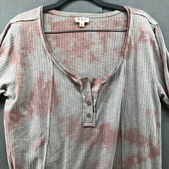 POL Tie Dye Ribbed Henley Tee Top Womens Large L Ivory Taupe SMT1686 - Picture 3 of 12